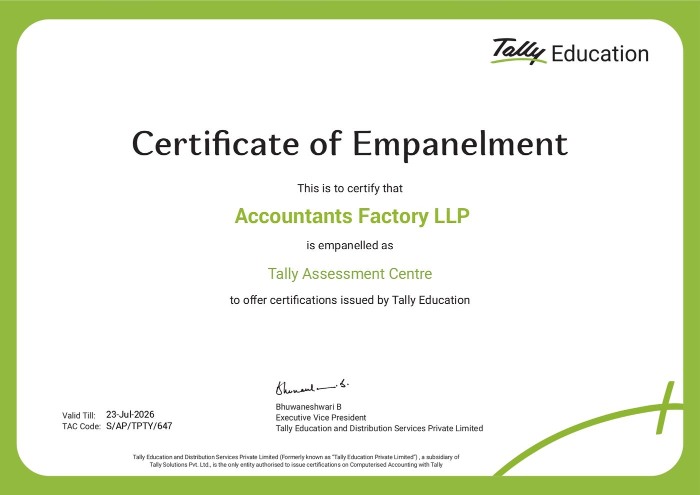 Tally Education Certificate of Empanelment — Accountants Factory LLP