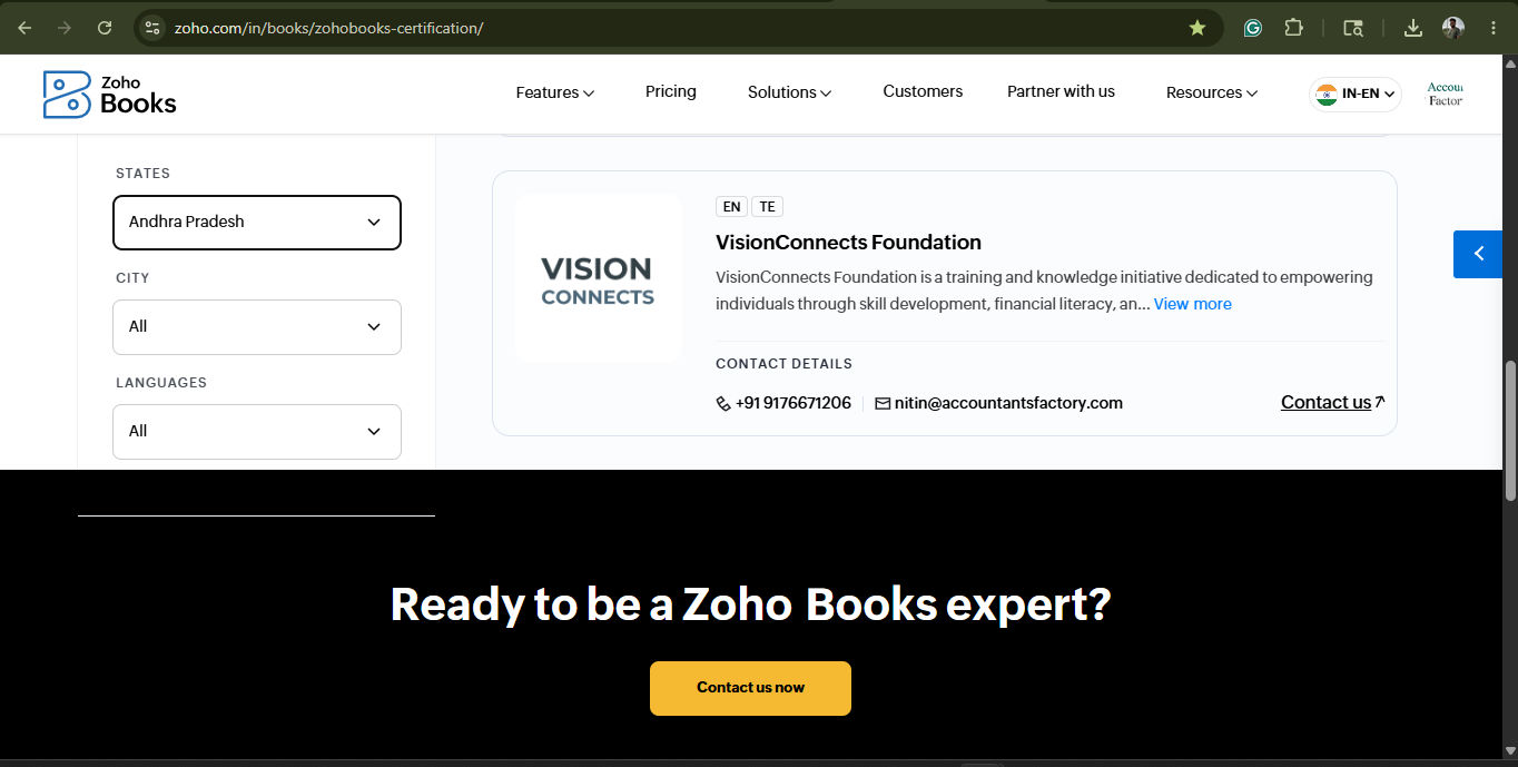 VisionConnects Foundation listed on Zoho Books Certification Directory